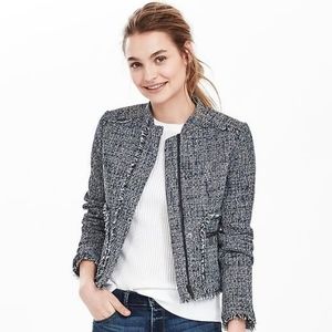 Banana Republic Blue White Raw Edge Tweed Moto Jacket Blazer